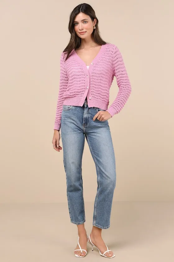 Breezy Attitude Pink Loose Knit Button-Up Cardigan Sweater sold by Lulus product image thumbnail 3