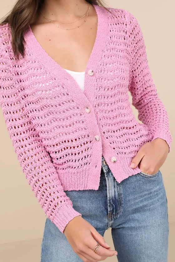 Breezy Attitude Pink Loose Knit Button-Up Cardigan Sweater sold by Lulus product image thumbnail 4