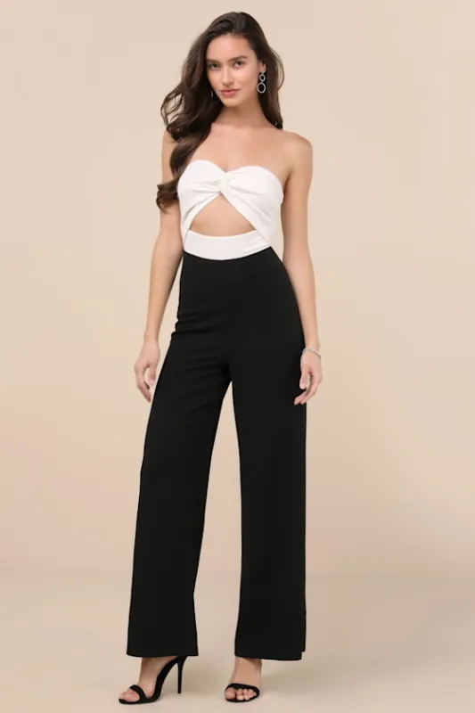 Vickie Black and White Cutout Strapless Wide-Leg Jumpsuit sold by Lulus