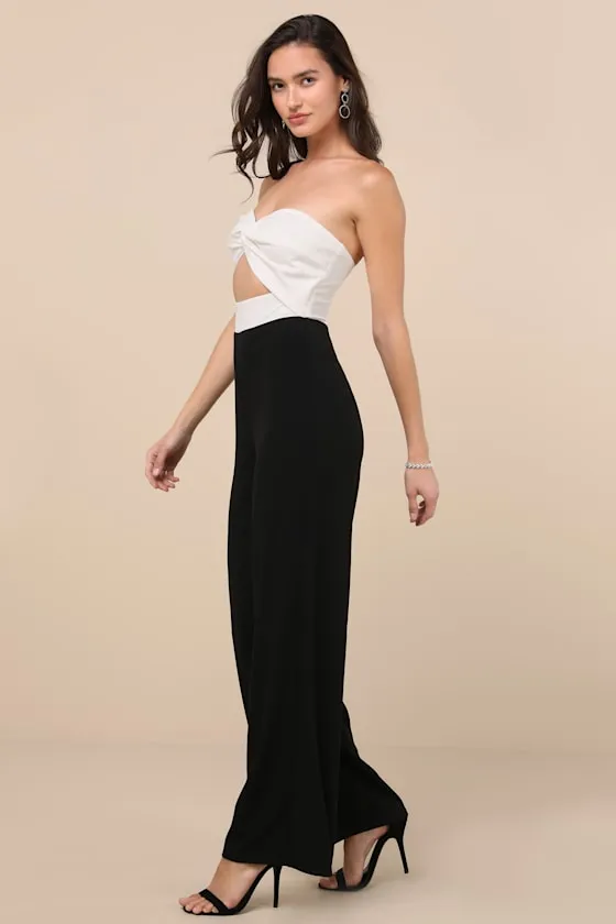 Vickie Black and White Cutout Strapless Wide-Leg Jumpsuit sold by Lulus product image thumbnail 3