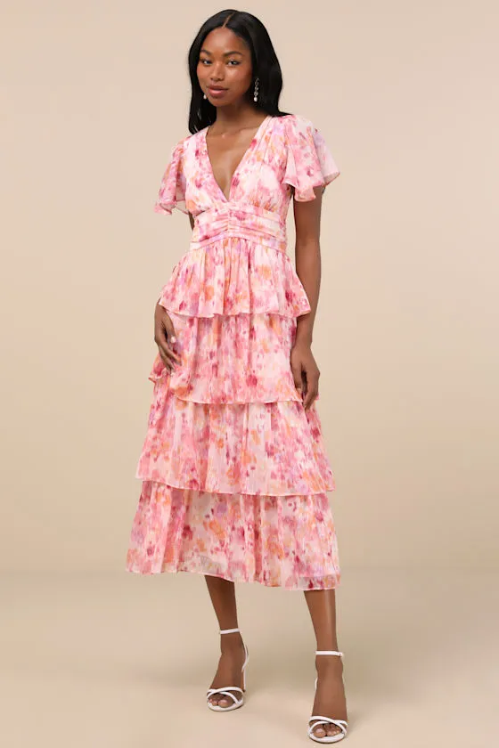 Nalia Pink Abstract Print Tiered Tie-Back Midi Dress sold by Lulus