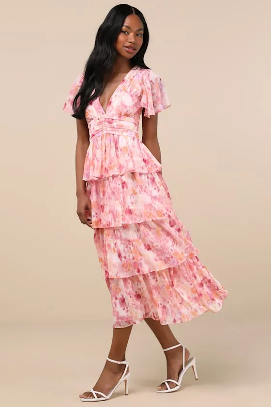 Nalia Pink Abstract Print Tiered Tie-Back Midi Dress sold by Lulus product image thumbnail 2