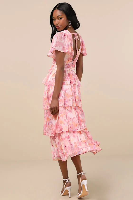 Nalia Pink Abstract Print Tiered Tie-Back Midi Dress sold by Lulus product image thumbnail 3