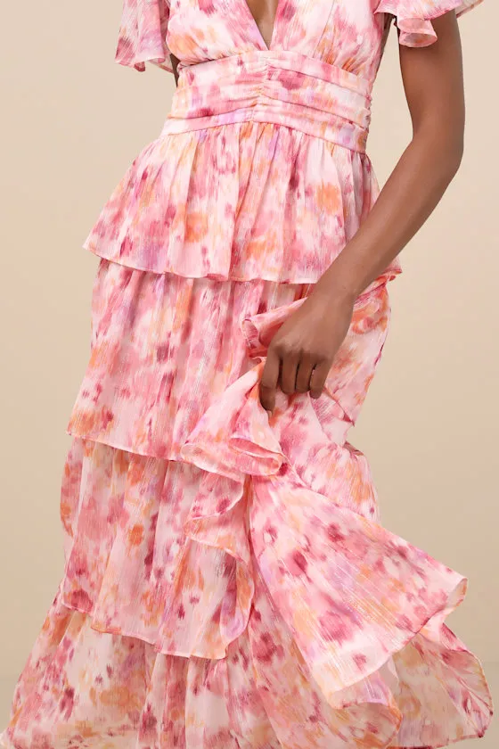 Nalia Pink Abstract Print Tiered Tie-Back Midi Dress sold by Lulus product image thumbnail 4