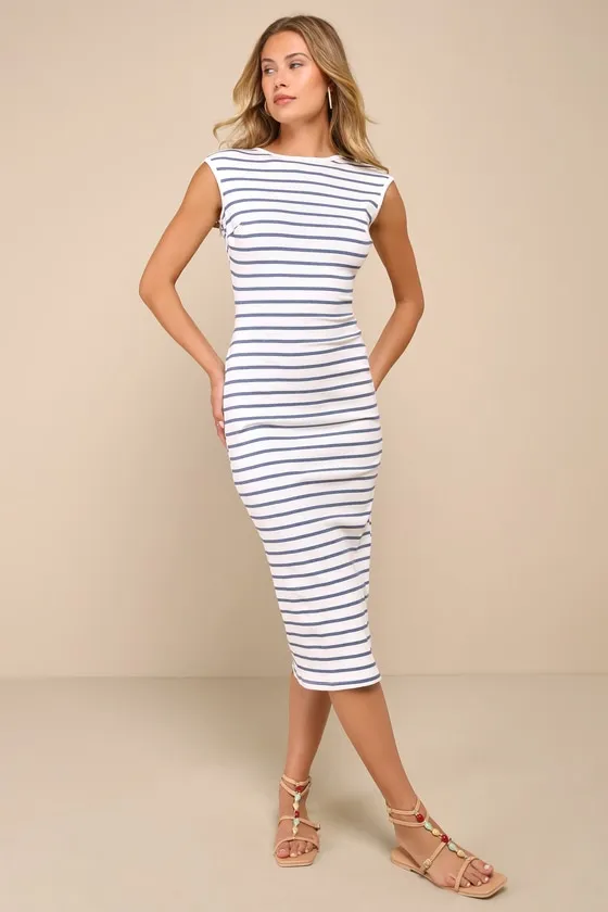 Chic Existence Ivory and Blue Striped Backless Midi Dress sold by Lulus