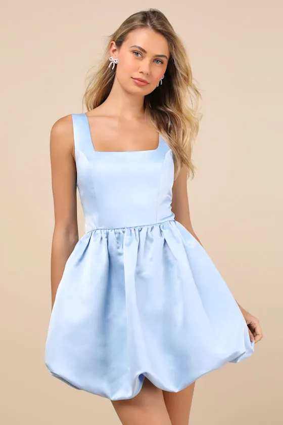 Regal Cutie Light Blue Satin Square Neck Bubble-Hem Mini Dress sold by Lulus