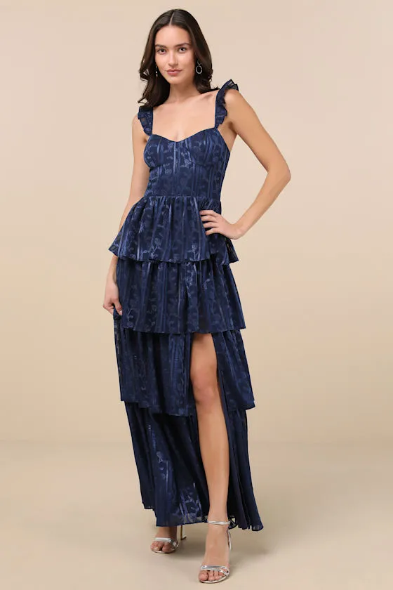 Stunning Glory Navy Blue Floral Jacquard Tiered Maxi Dress sold by Lulus