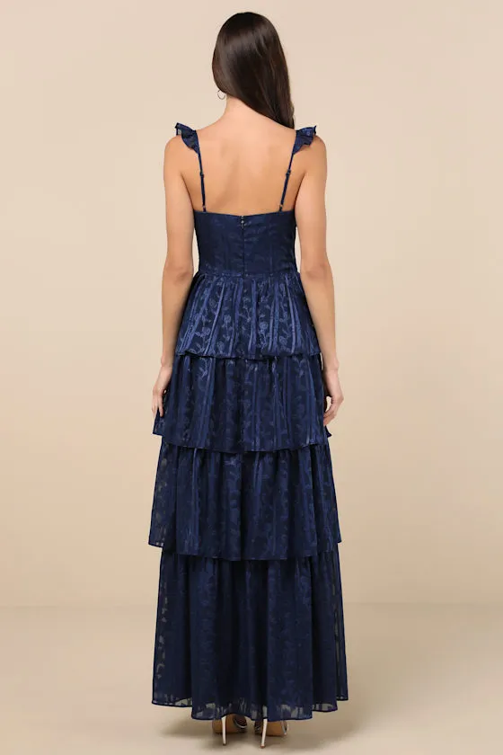 Stunning Glory Navy Blue Floral Jacquard Tiered Maxi Dress sold by Lulus product image thumbnail 2