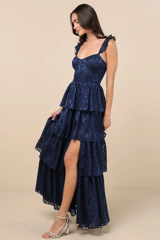 Stunning Glory Navy Blue Floral Jacquard Tiered Maxi Dress sold by Lulus product image thumbnail 3