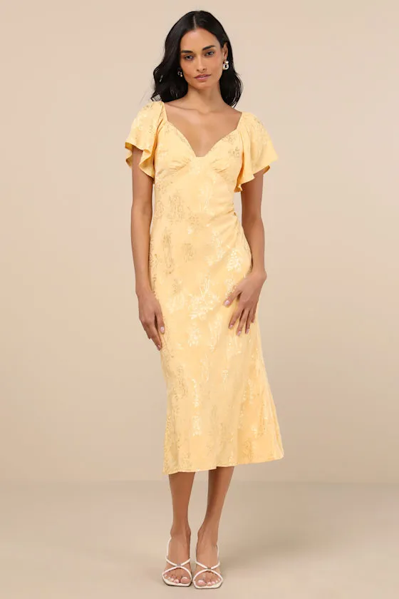 Effervescent Afternoon Yellow Satin Flutter Sleeve Midi Dress sold by Lulus