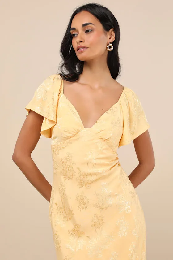 Effervescent Afternoon Yellow Satin Flutter Sleeve Midi Dress sold by Lulus product image thumbnail 4