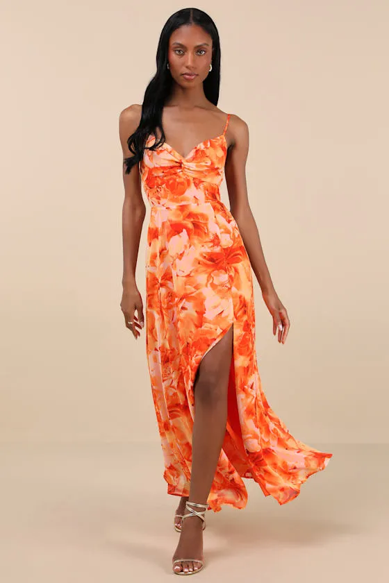 Beautiful Soul Orange Floral Print Twist-Front Maxi Dress sold by Lulus