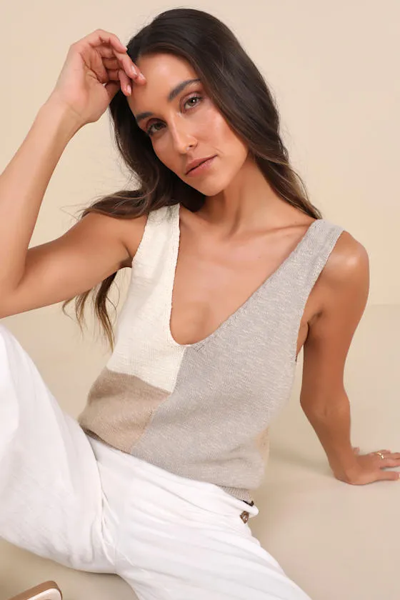 Modern Look Ivory and Grey Color Block Sweater Knit Tank Top sold by Lulus