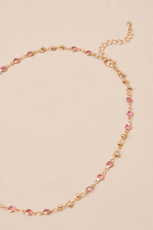 Rahela Gold and Pink Rhinestone Chain Link Necklace sold by Lulus