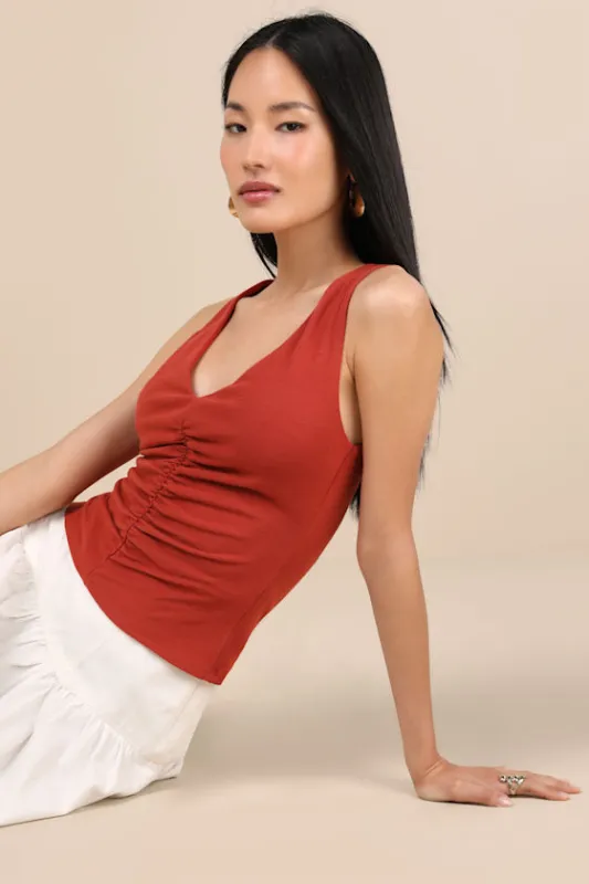 Kosta Rust Red Ruched Jersey Knit Tank Top sold by Lulus