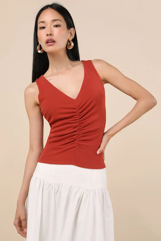 Kosta Rust Red Ruched Jersey Knit Tank Top sold by Lulus product image thumbnail 2