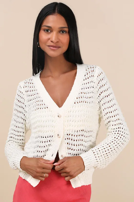 Breezy Attitude Ivory Loose Knit Button-Up Cardigan Sweater sold by Lulus
