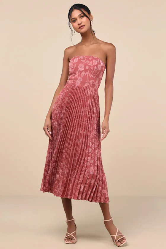 Perfectly Stunning Rusty Rose Jacquard Strapless Midi Dress sold by Lulus