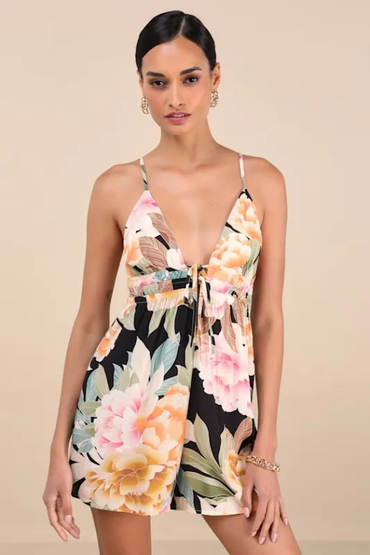 Sheila Black Multi Floral Tie-Front Romper sold by Lulus