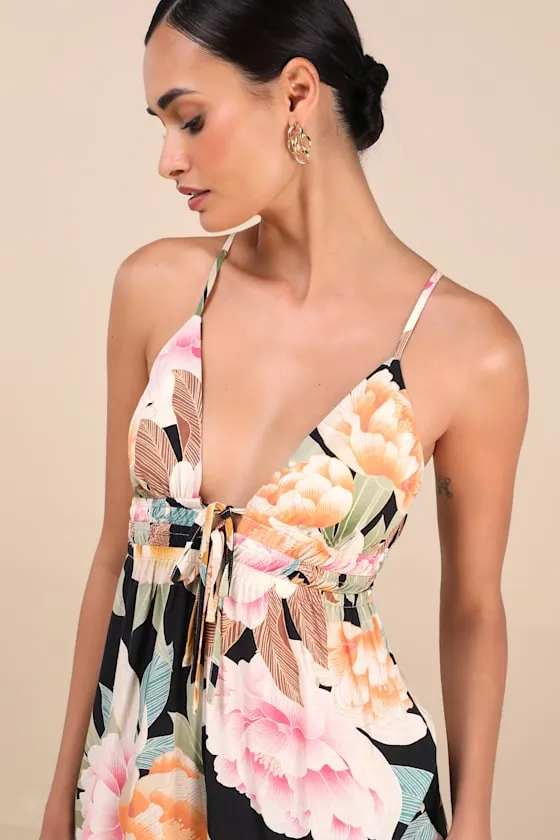 Sheila Black Multi Floral Tie-Front Romper sold by Lulus product image thumbnail 4