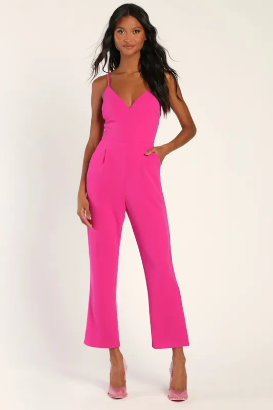 Signature Cutie Hot Pink V-Neck Sleeveless Jumpsuit sold by Lulus