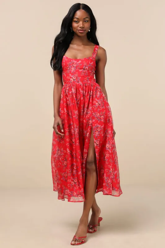 Francesca Red Floral Sleeveless Midi Dress sold by Lulus