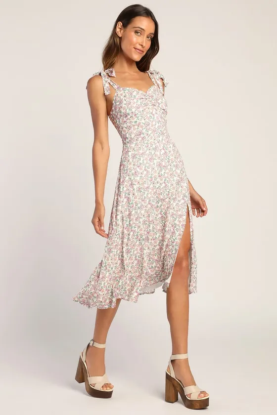 Floral Fete Ivory Floral Print Tie-Strap Midi Dress sold by Lulus
