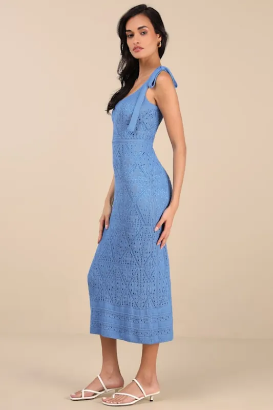 Adorable Darling Blue Crochet Tie-Strap Midi Dress sold by Lulus