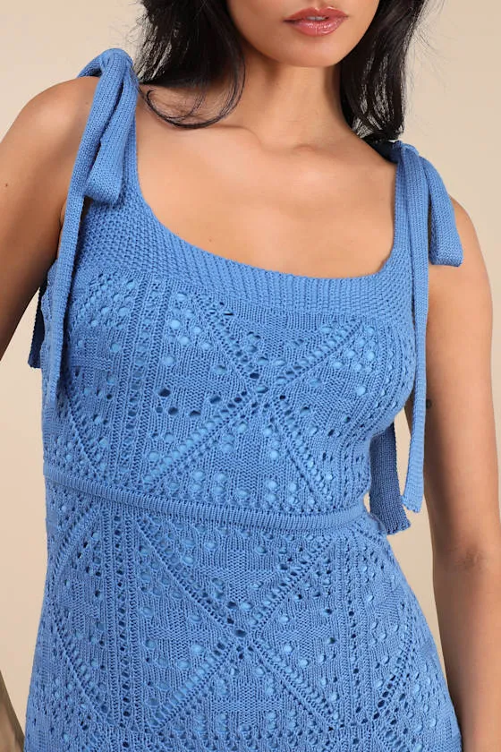 Adorable Darling Blue Crochet Tie-Strap Midi Dress sold by Lulus product image thumbnail 2