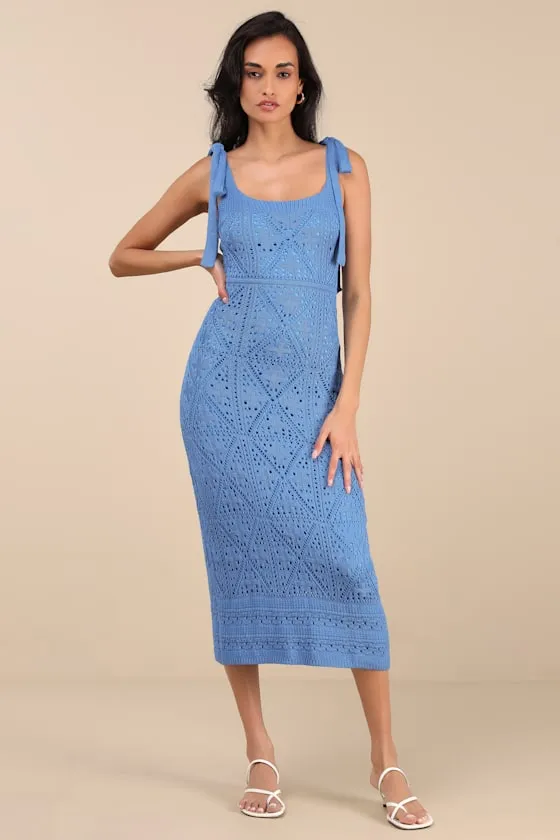 Adorable Darling Blue Crochet Tie-Strap Midi Dress sold by Lulus product image thumbnail 3