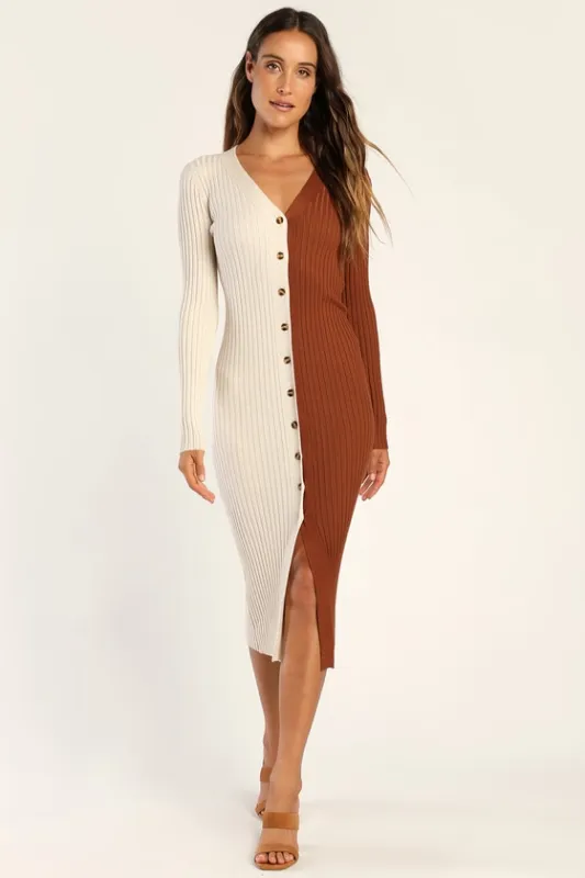 Charming Combo Cream and Brown Ribbed Button-Front Sweater Dress sold by Lulus