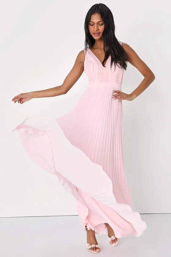 Beautiful Allure Light Pink Pleated Crochet Lace Maxi Dress sold by Lulus product image thumbnail 2
