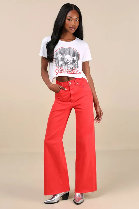 Far Out Red High-Rise Raw Hem Wide-Leg Jeans sold by Lulus