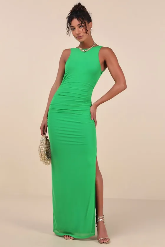 Karise Green Mesh Ruched Backless Maxi Dress sold by Lulus