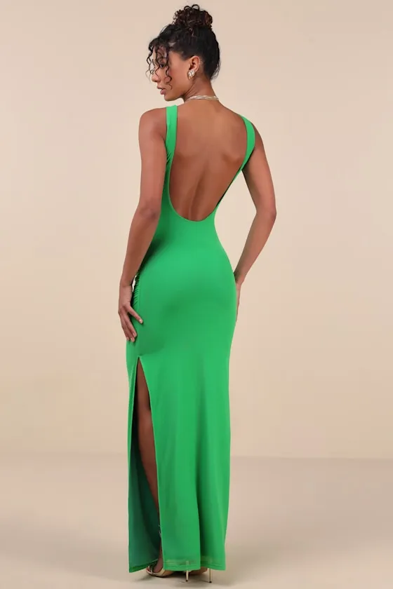 Karise Green Mesh Ruched Backless Maxi Dress sold by Lulus product image thumbnail 2