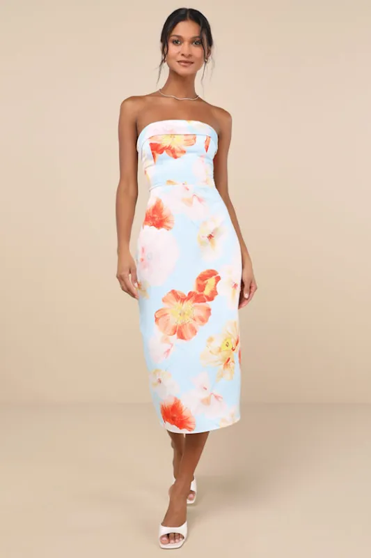 Oriana Light Blue Floral Satin Strapless Midi Dress sold by Lulus