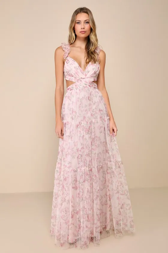 Ethereal Love Blush Floral Pleated Tiered Tie-Back Maxi Dress sold by Lulus