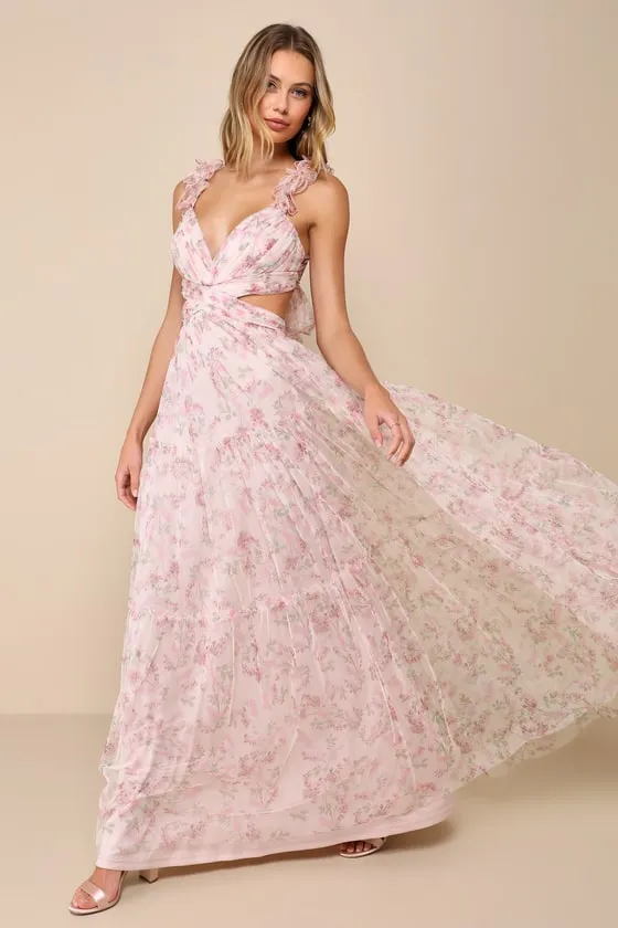 Ethereal Love Blush Floral Pleated Tiered Tie-Back Maxi Dress sold by Lulus product image thumbnail 3
