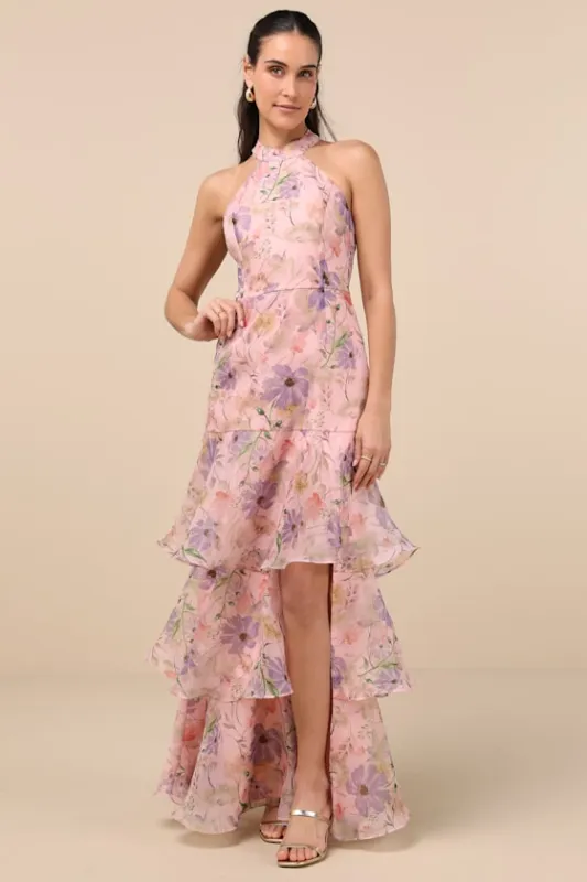 Forever Exceptional Light Pink Floral Halter Organza Maxi Dress sold by Lulus
