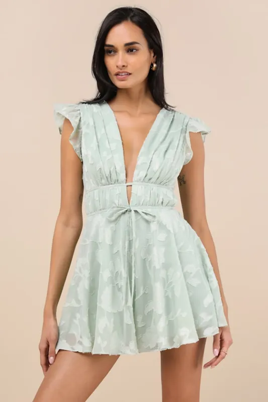 All About The Flowers Mint Green Burnout Floral Ruffled Romper sold by Lulus