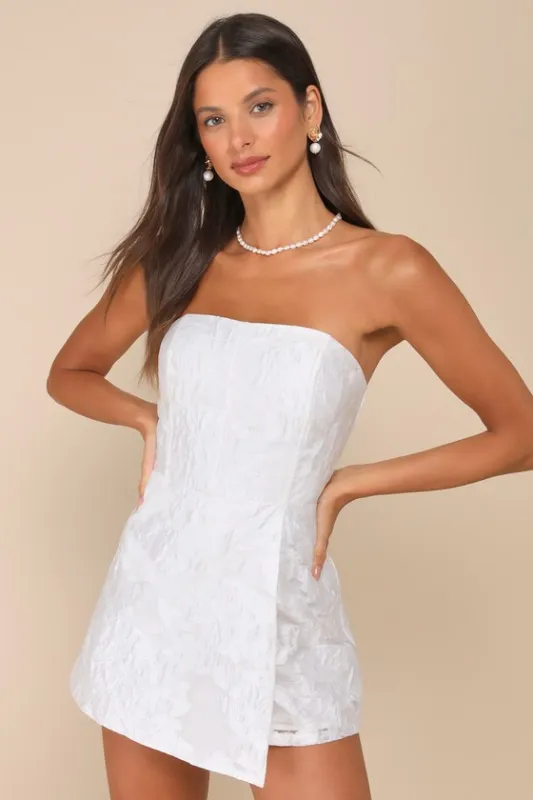 Sensational Excellence White Jacquard Strapless Skort Romper sold by Lulus