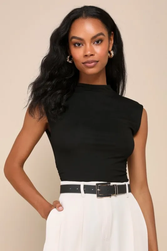 Effortless Reputation Black Mock Neck Ruched Sleeveless Bodysuit sold by Lulus