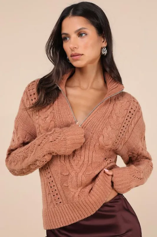 Stylish Forecast Brown Cable Knit Quarter-Zip Pullover Sweater sold by Lulus