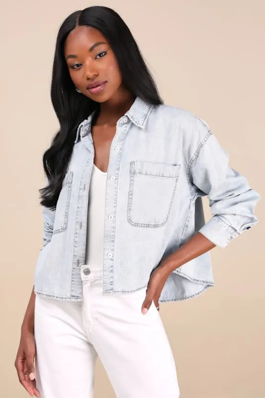 The Editor Light Wash Cropped Button-Up Top sold by Lulus
