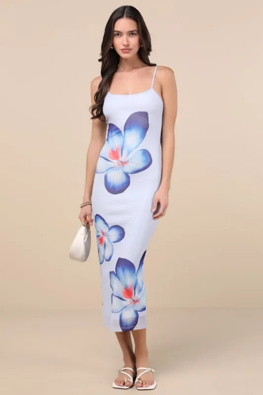 Graciela Periwinkle Floral Mesh Bodycon Midi Dress sold by Lulus