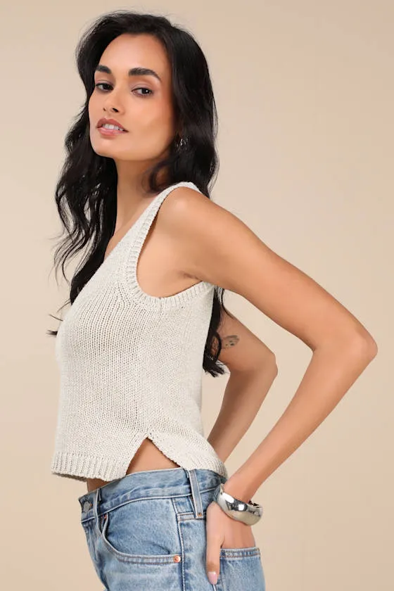 Elevated Staple Silver Lurex Cropped Sweater Tank Top sold by Lulus