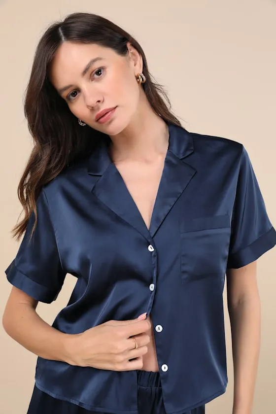 Pleasant Dreams Navy Satin Two-Piece Pajama Set sold by Lulus product image thumbnail 2