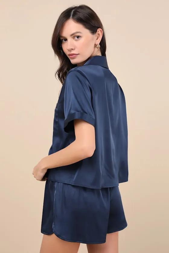 Pleasant Dreams Navy Satin Two-Piece Pajama Set sold by Lulus product image thumbnail 3