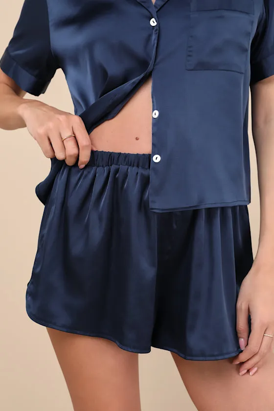 Pleasant Dreams Navy Satin Two-Piece Pajama Set sold by Lulus product image thumbnail 4