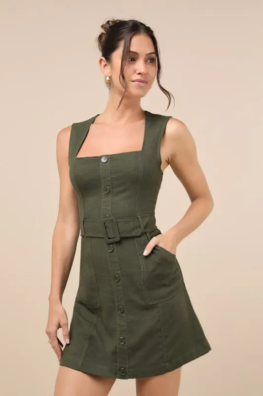 Modern Composure Olive Linen Belted Mini Dress With Pockets sold by Lulus